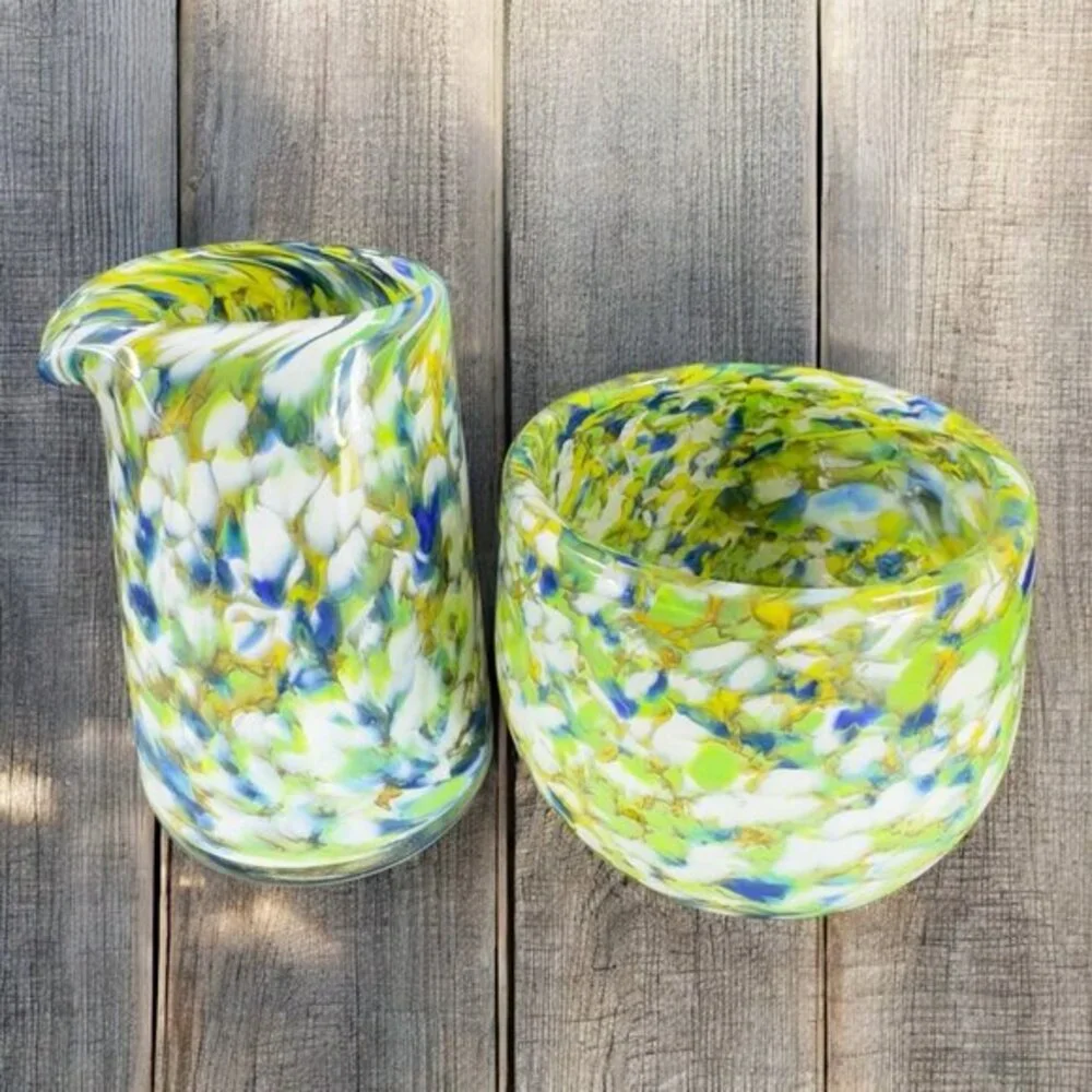 2005 Y Rumery‎ Hand Blown Art Glass Sugar And Creamer Set Artist Signed Vintage